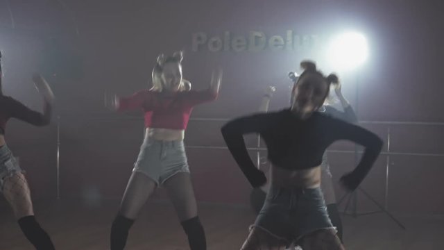 Young sexy girls in shorts dancing dancehall in dark smoky dance studio. Females enjoying dancehall moves. Medium shot