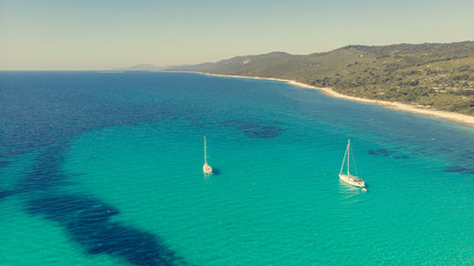 Spectacular aerial sea landscape of sandy beach and crystal clear water.