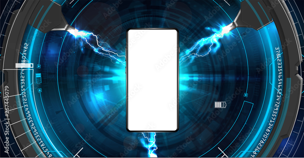 Poster realistic black smartphone mockup with futuristic technology concept, mobile phone against the backd