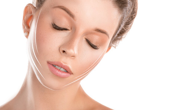 Close up photo of woman with closed eyes and lines on face. Face lifting concept. Cosmetics procedures and skin care concept.