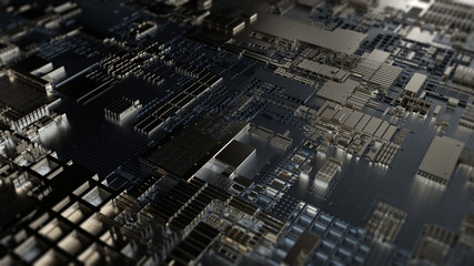 Printed circuit board futuristic server/Circuit board futuristic server code processing. Orange,  green, blue technology background with bokeh. 3d rendering