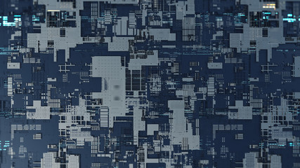 Fototapeta premium Printed circuit board futuristic server/Circuit board futuristic server code processing. Orange, green, blue technology background with bokeh. 3d rendering