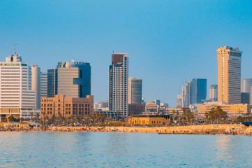 Fototapeta na wymiar View in the evening of the modern Tel Aviv, Israel and the sea
