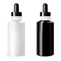 Realistic bottle mock up with dropper. Template for medical or cosmetic fluid, drops, oil, juice.Serum Essence Treatment Product Blank Mockup. Vector Illustration.