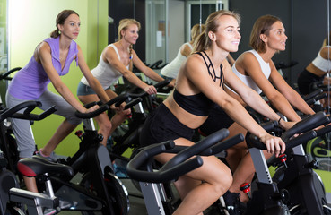 Fototapeta na wymiar women on cardio training on exercycles in health club