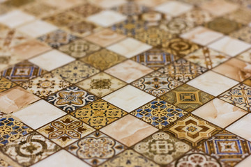 Texture of ceramic tiles in oriental turkish style. Turkish ceramic tiles lined on the wall. Ready idea for your design