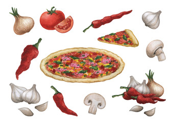 Watercolor food illustration element. Watercolor background Food, cafe, menu, restaurant.