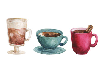 Watercolor drink. Cocktail. Tea cup teapot. Different drinks in the transparent glasses. Juice. Glass wine. Alcoholic drink.