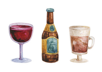 Watercolor drink. Cocktail. Tea cup teapot. Different drinks in the transparent glasses. Juice. Glass wine. Alcoholic drink.