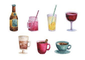 Watercolor drink. Cocktail. Tea cup teapot. Different drinks in the transparent glasses. Juice. Glass wine. Alcoholic drink.