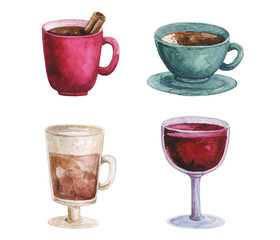 Watercolor drink. Cocktail. Tea cup teapot. Different drinks in the transparent glasses. Juice. Glass wine. Alcoholic drink.