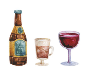 Watercolor drink. Cocktail. Tea cup teapot. Different drinks in the transparent glasses. Juice. Glass wine. Alcoholic drink.