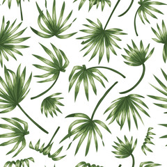 Fototapeta na wymiar Vector seamless pattern of green palm tree leaves on white background. Summer repeat tropical backdrop. Exotic jungle ornament