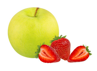 Fresh green apple  with strawberries isolated on white background with clipping path
