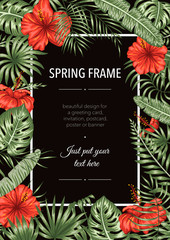 Obraz premium Vector frame template with tropical leaves and flowers on black background. Vertical layout card with place for text. Spring or summer design for invitation, wedding, party, promo events