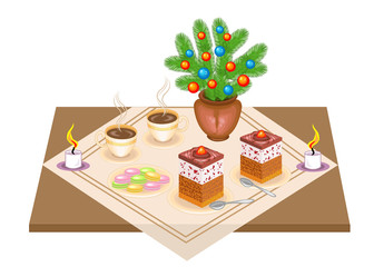 Festive table. Delicious cake and tea, coffe. A Christmas bouquet from a Christmas tree and a candle gives a romantic mood. Vector illustration