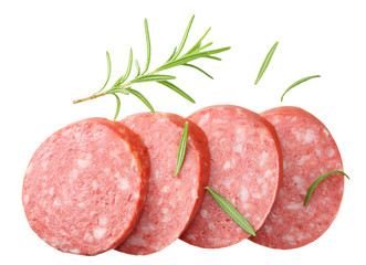 sliced sausage salami with rosemary isolated on white background. top view