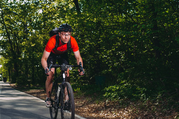 Fototapeta na wymiar mountain biker rides through the forest road. summer. sport. fitness