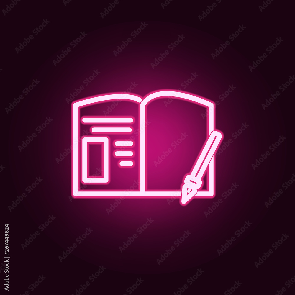Poster notebook and pen vector neon icon. elements of education set. simple icon for websites, web design, 