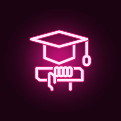 Graduation cap and diploma neon icon. Elements of education set. Simple icon for websites, web design, mobile app, info graphics