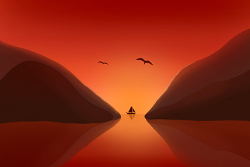 sailboat in the tropical sunset , ocean and mountain, seagull flying in glowing sky.
