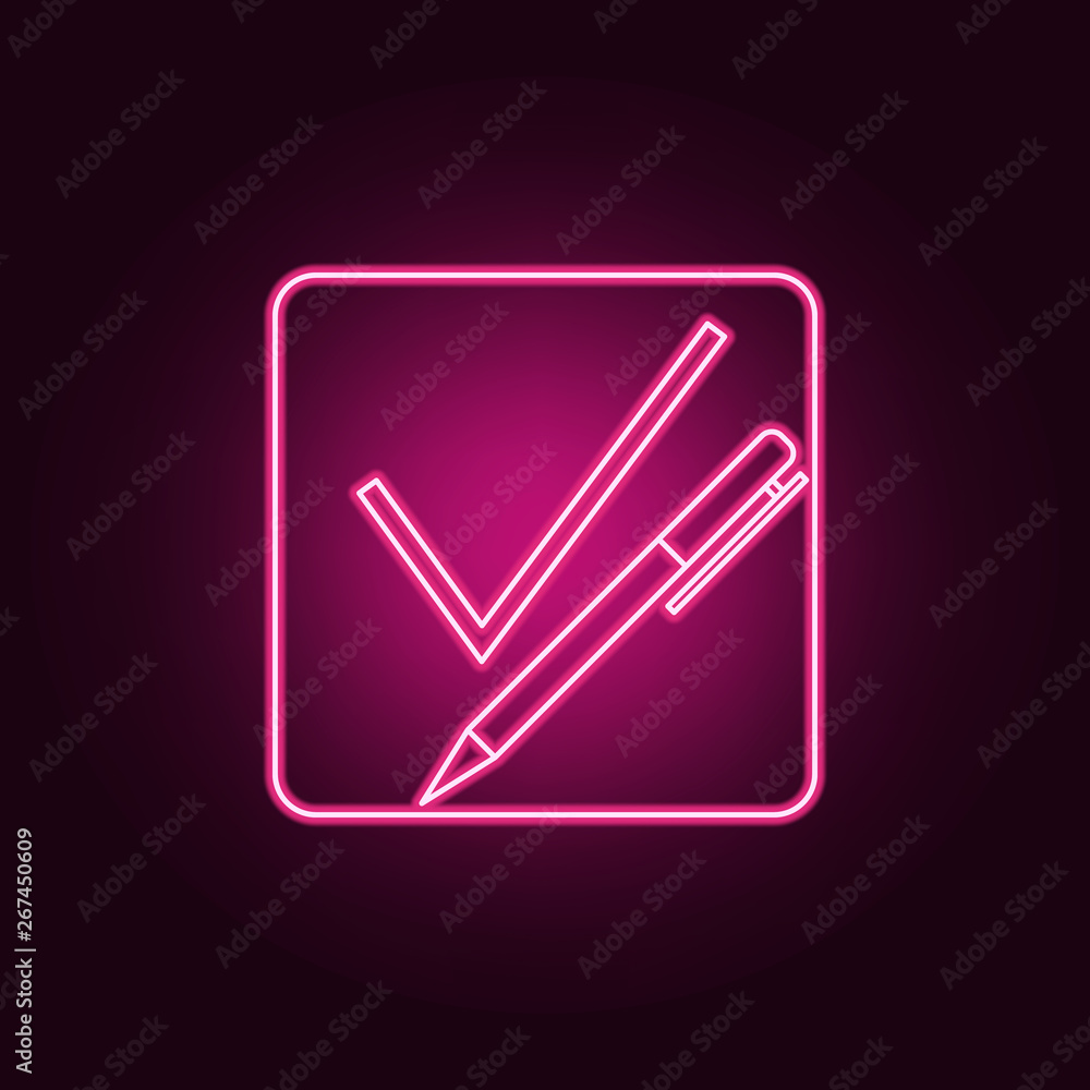 Poster pen sheet with a tick neon icon. elements of election set. simple icon for websites, web design, mob