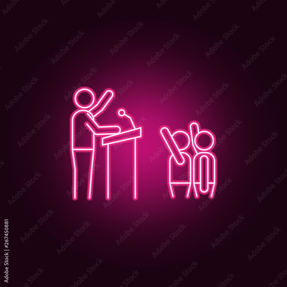 Poster a man on the rostrum in front of voters neon icon. elements of election set. simple icon for website