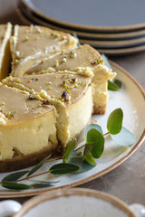 Cheesecake cut into pieces. 