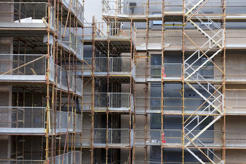 Scaffolding close up and stair at construction building site