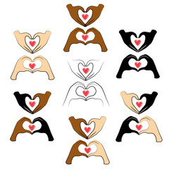 Collection. Human hands are folded in the shape of a heart and a red heart. People of different nationalities. Valentine s Day. Vector illustration set