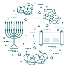 Jewish holiday Hanukkah: dreidel, sivivon, menorah, coins, donuts and other.