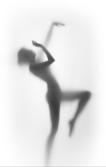 Beautiful perfect body sexy dancer woman silhouette behind a diffuse surface