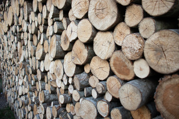 A wall of folded logs in brown and grey. Side view.