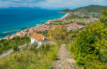 Fototapeta na wymiar Panoramic view of the Cilento coastline from Castellabate. Campania, Italy.