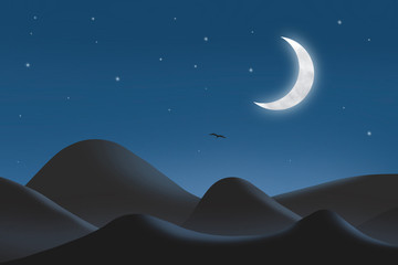 Night landscape with silhouette mountains and crescent moon