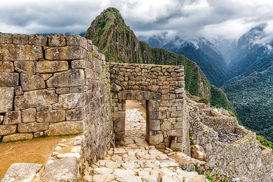 Main Gate to Ancient Incas city of Machu Picchu in Peru.