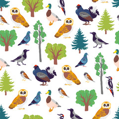 Vector flat seamless pattern with hand drawn forest birds and floral wild nature trees elements isolated on white background. Good for packaging paper, cards, wallpapers, gift tags, nursery decor etc.