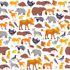 Fototapeta premium Vector flat seamless pattern with wild forest animals and birds isolated on white background. Owl, deer, fox, bear. Good for packaging paper, cards, wallpapers, gift tags, nursery decor, prints etc.