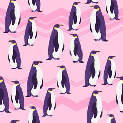 Vector flat seamless pattern with hand drawn north penguin animals isolated on winter landscape. Good for packaging paper, cards, wallpapers, gift tags, nursery decor etc.