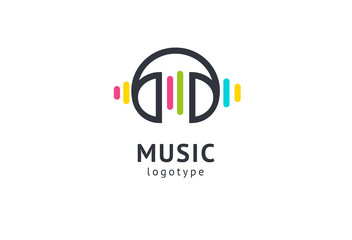 Vector illustration, Graphic Design headphone logotype. Abstract music icon vector design. Sound recording studio, night party. School of Music, disco, vocal course, composer, singer vector logo.