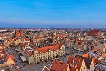 Plakat Aerial view of Stare Miasto with Market Square, Old Town Hall and St. Elizabeth's Church from St. Mary Magdalene Church in Wroclaw, Poland