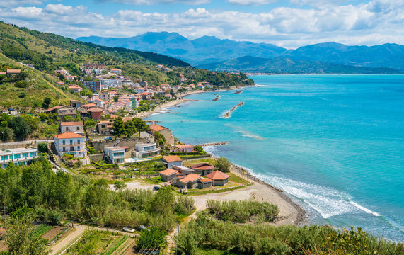 Panoramic view of Agnone Cilento and coastline. Campania, southern Italy.