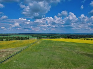 Aerial view of green field  in Minsk Region of Belarus