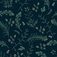 WebAbstract floral seamless pattern on dark background. Small yellow and pink wildflowers and spikelets. For fabric, background or wrapping paper. Vector illustration