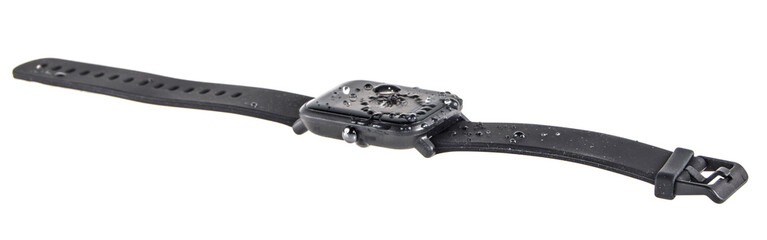 wet smart watch on white background