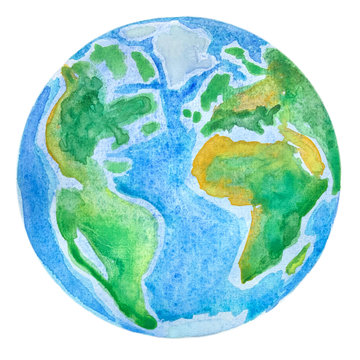 Planet Earth. Globe watercolor illustration drawn by hand