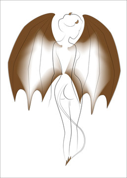 Silhouette of a beautiful lady. The girl is slim and feminine. Behind her shoulders are the wings of a dragon, a tail and horns. A fantastic figure. Vector illustratio