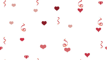Scattered Red confetti. The idea of packaging, textiles, wallpaper, banner, printing. Vector Seamless Pattern on a White Background. Happy Pattern of Hearts and Serpentine.