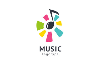 Vector illustration, Graphic Design Note web logotype. Abstract music logo icon vector design. Sound recording studio, night party. School of Music, disco, vocal course, composer, singer vector logo.