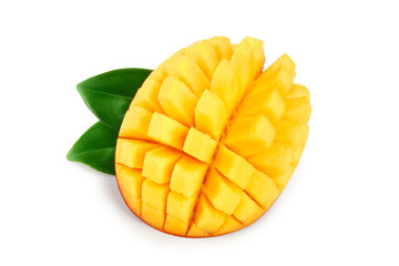 Mango fruit half with leaves isolated on white background close-up